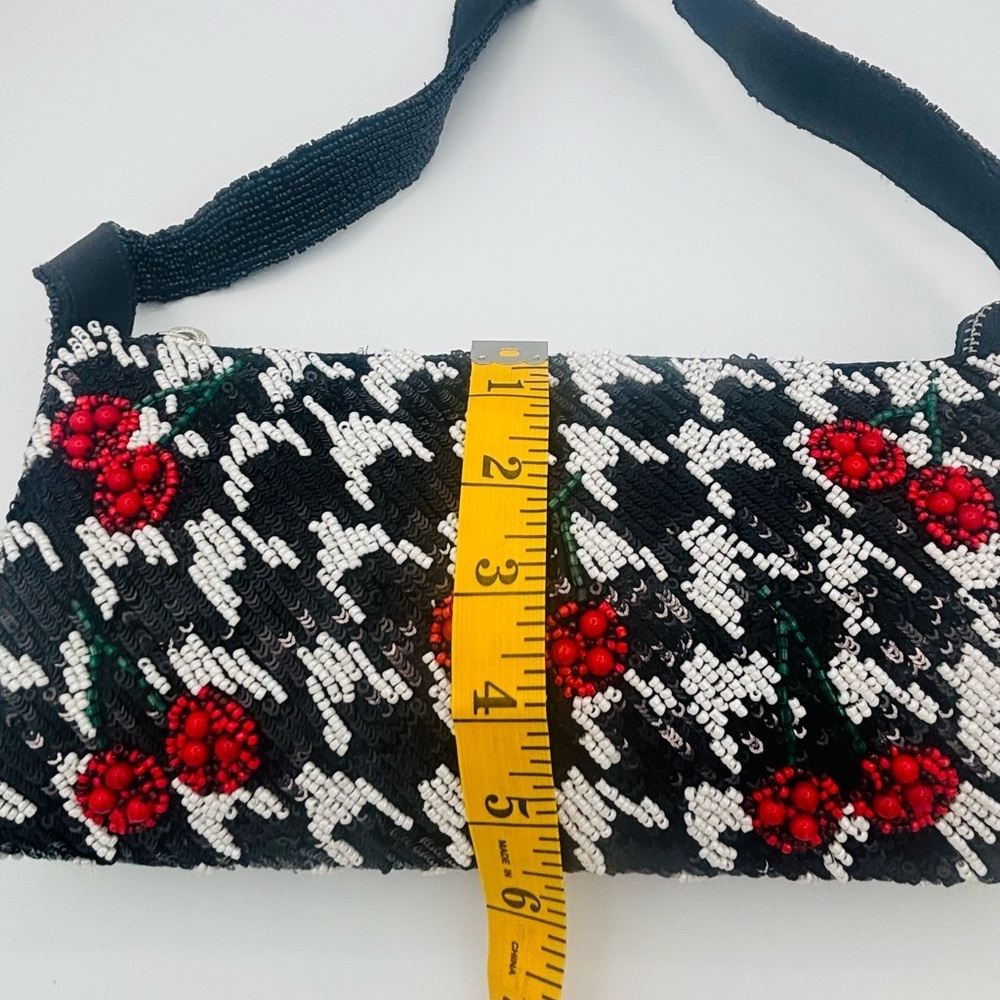 Black Beaded Houndstooth Shoulder Bag - Red Cherry Motif - Made in India - Picture 7 of 10